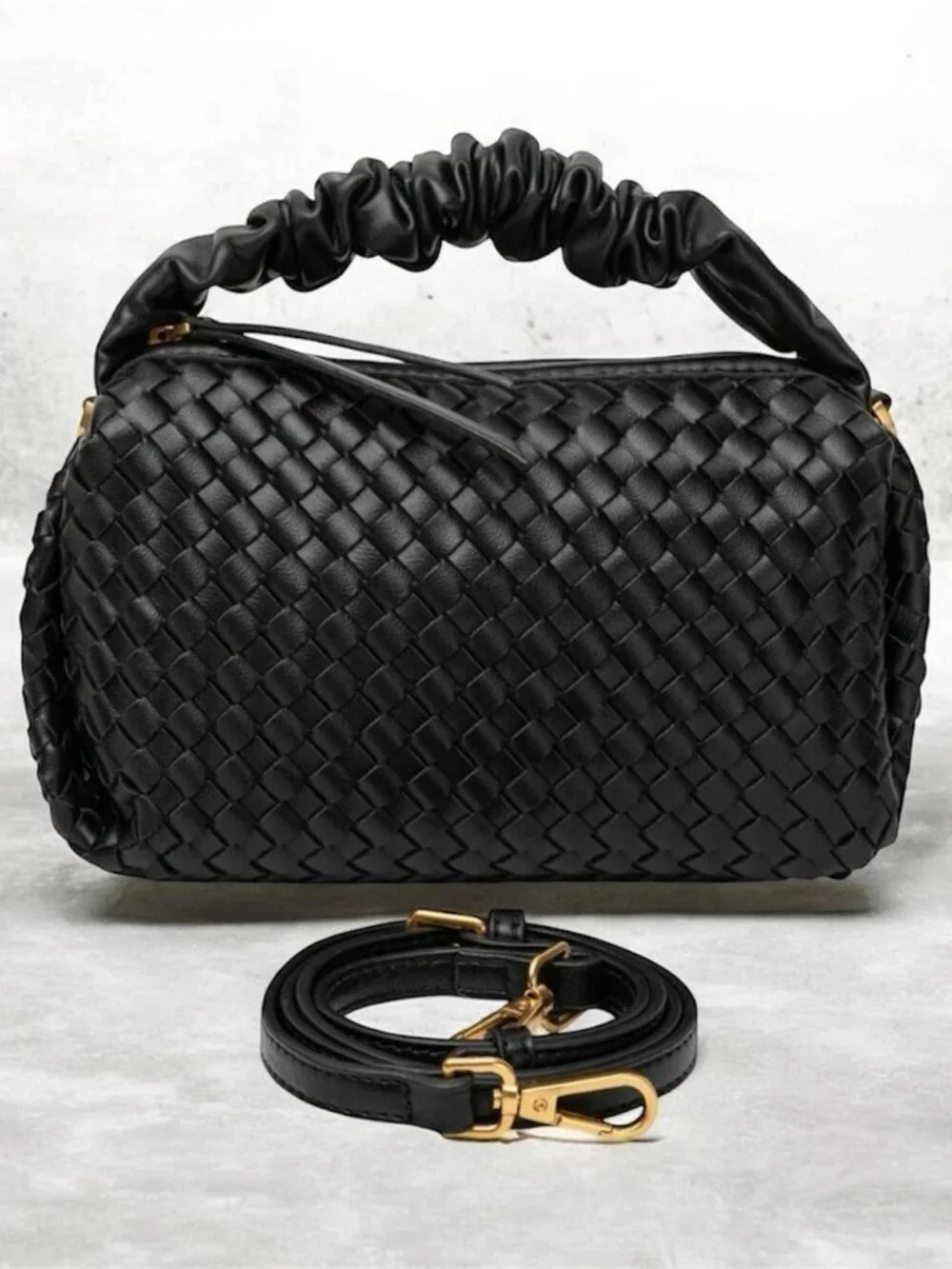 Black Woven Vegan Leather Ruched Handle Crossbody Handbag NWT